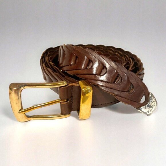 Fossil Leather Belt Mens 36 Braided Woven Brown Brass Buckle MB2347 Vintage - Picture 1 of 10
